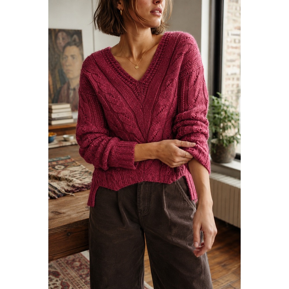 Anthropologie Alpaca Blend Cable Knit V-Neck Pointelle Sweater Magenta Pink S